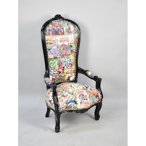 537 - A Modern Low Seated Balloon Back Armchair with Marvel Comic Upholstery