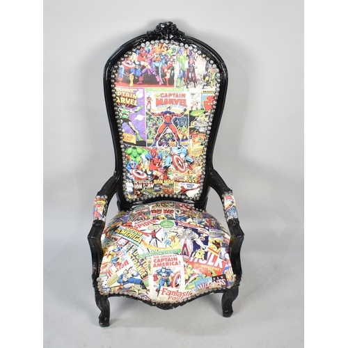 537 - A Modern Low Seated Balloon Back Armchair with Marvel Comic Upholstery