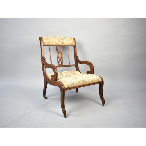 538 - An Edwardian Inlaid Mahogany Scroll Armed Nursing Chair