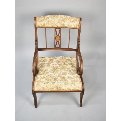 538 - An Edwardian Inlaid Mahogany Scroll Armed Nursing Chair