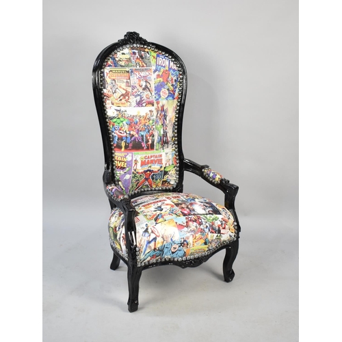 540 - A Modern Low Seated Balloon Back Armchair with Marvel Comic Upholstery