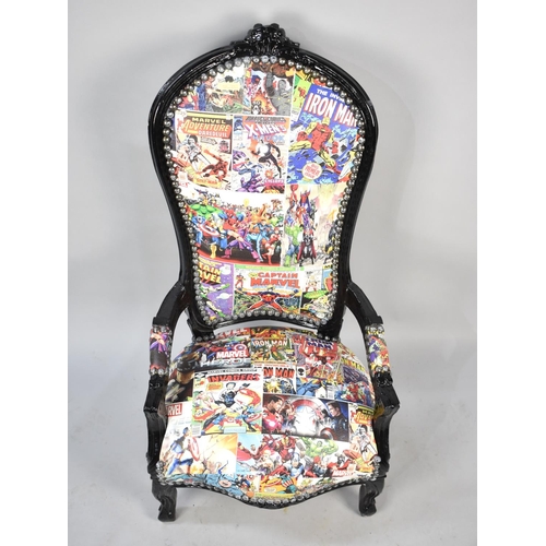 540 - A Modern Low Seated Balloon Back Armchair with Marvel Comic Upholstery