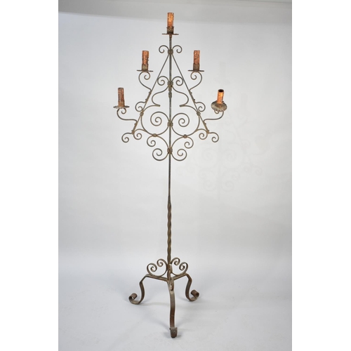 564 - A Mid 20th Century Wrought Iron Five Branch Candle Stand on Tripod Support, 167cms High