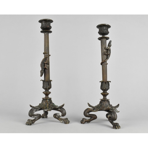 57 - A Near Pair of French Bronze Candlesticks in the Manner of Christophe Fratin, 1801-1864, Ribbed Colu... 