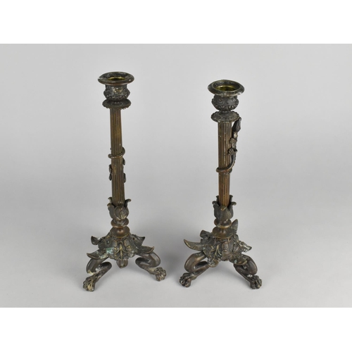 57 - A Near Pair of French Bronze Candlesticks in the Manner of Christophe Fratin, 1801-1864, Ribbed Colu... 