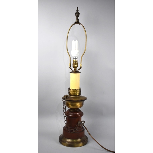 62 - A Modern Brass and Wooden table Lamp in the Form of an Oil Lamp, Missing Shade, 74cms High