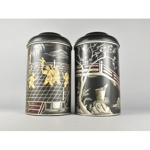 65 - A Pair of Reproduction Cylindrical Toleware Tea Cannisters Decorated with Chinoiserie Figural Scene,... 