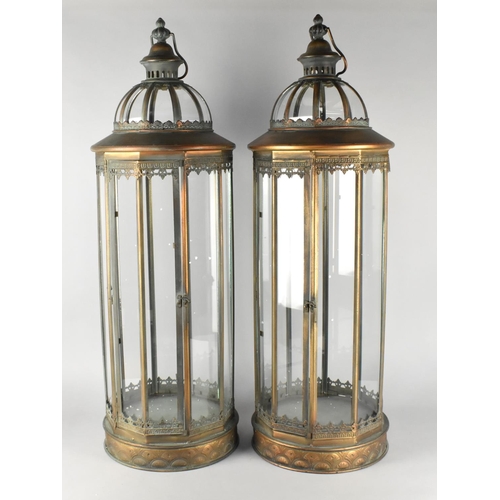 68 - A Pair of Very Large Copper Patinated Lanterns with Hinged Doors, 87cms High