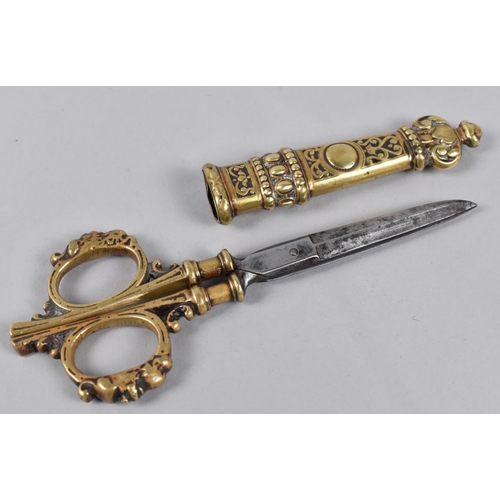 97 - A Pair of Victorian Brass and Steel Scissors in Lined Brass Case, 14cms Long and 5cms Wide