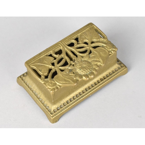 11 - A Brass Two Division Desktop Stamp Box with Pierced Hinged Lid and Art Nouveau Style Floral Design, ... 