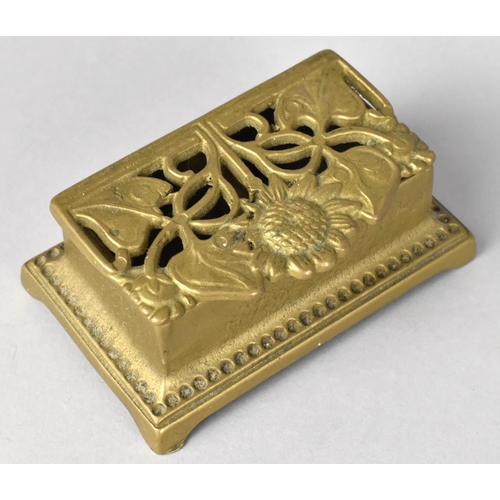 11 - A Brass Two Division Desktop Stamp Box with Pierced Hinged Lid and Art Nouveau Style Floral Design, ... 