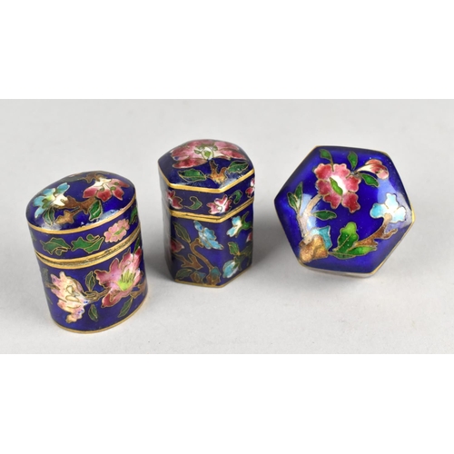 12 - A Collection of Three Small Cloisonne Enamelled Boxes of Cylindrical and Hexagonal Form, 4.5cms High