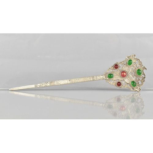 31 - A Reproduction Jewelled Far Eastern White Metal Hairpin, 18cms Long