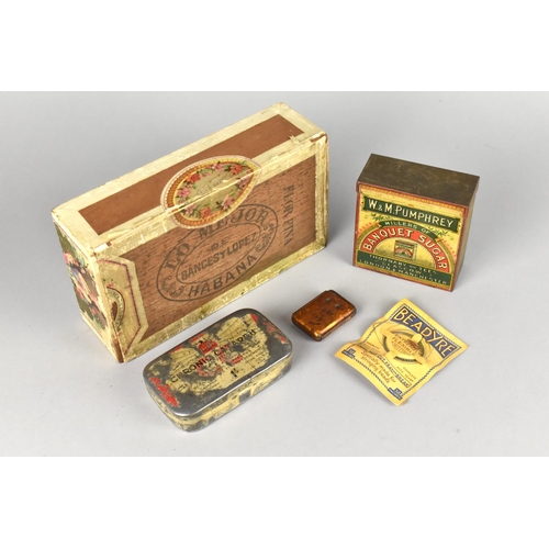 36 - A Havana Cigar Box Containing Tins for Banquet Sugar, Corona Catarrh Pastilles, Wax Vestas Container... 