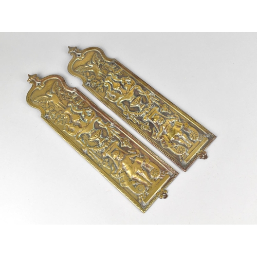 38 - A Pair of 19th Century Pressed Brass Door Finger Plates Decorated with Cherubs and Birds, 33cms High