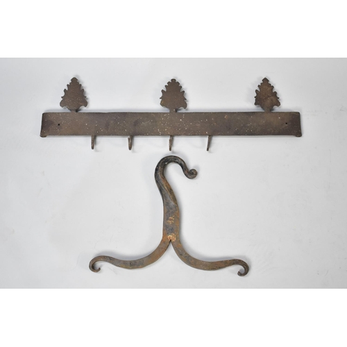 442 - A Fret Cut Iron Four Peg Coat Rack with Flame Finials Together with a Wrought Iron Hook