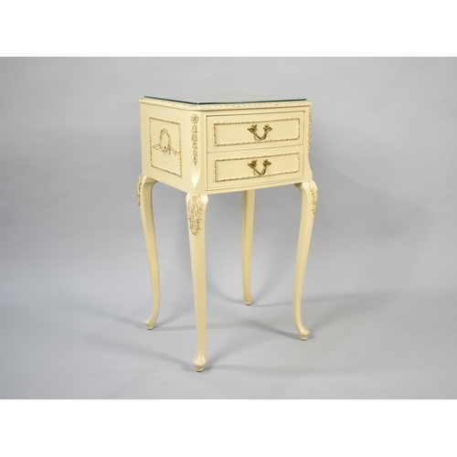 465 - A Cream and Gilt Two Drawer Bedside Chest, 37cms Wide