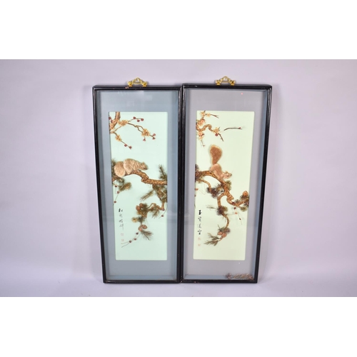 470 - A Large Pair of Modern Chinese Shibayama Style Framed Studies of Squirrels and Blossom, Each 100x39c... 