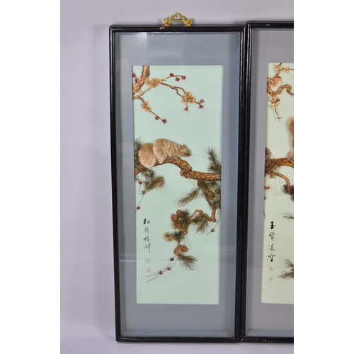 470 - A Large Pair of Modern Chinese Shibayama Style Framed Studies of Squirrels and Blossom, Each 100x39c... 