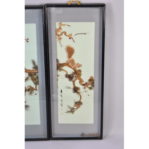 470 - A Large Pair of Modern Chinese Shibayama Style Framed Studies of Squirrels and Blossom, Each 100x39c... 