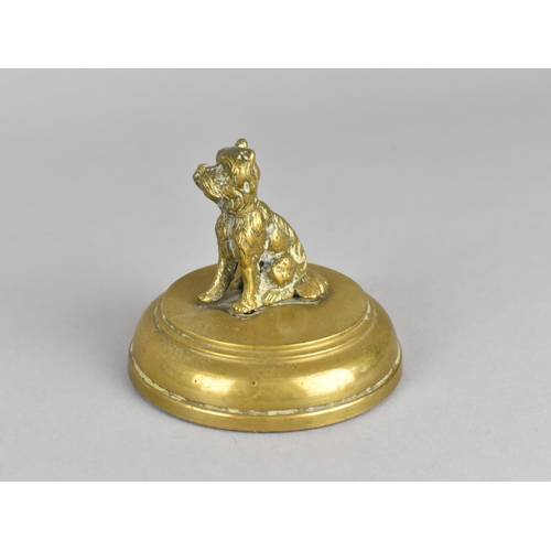 67 - A Small Brass Study of Seated Terrier on Circular Plinth Base, 8cms Diameter