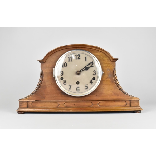 68 - A Mid 20th Century Mahogany Cased Westminster Chime Mantel Clock with Carved Decoration, 42cms Wide