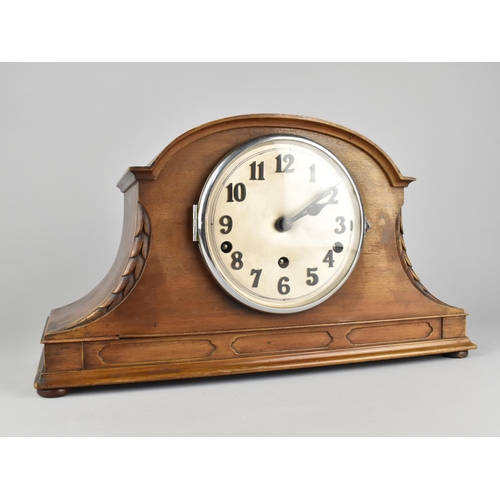 68 - A Mid 20th Century Mahogany Cased Westminster Chime Mantel Clock with Carved Decoration, 42cms Wide