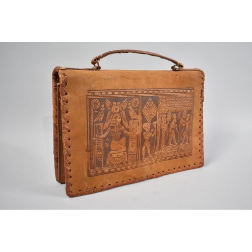 76 - A Souvenir Egyptian Fitted Leather Handbag Decorated with Pyramid Hieroglyphics and Figures