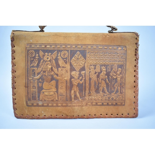 76 - A Souvenir Egyptian Fitted Leather Handbag Decorated with Pyramid Hieroglyphics and Figures