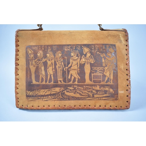 76 - A Souvenir Egyptian Fitted Leather Handbag Decorated with Pyramid Hieroglyphics and Figures