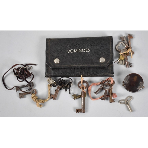 104 - A Collection of Various Vintage Clock and Box Keys together with a Set of Plastic Coronation Dominoe... 