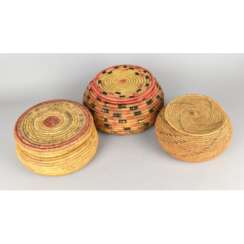 105 - Three Vintage Woven Circular Lidded Baskets, largest 21cms Diameter