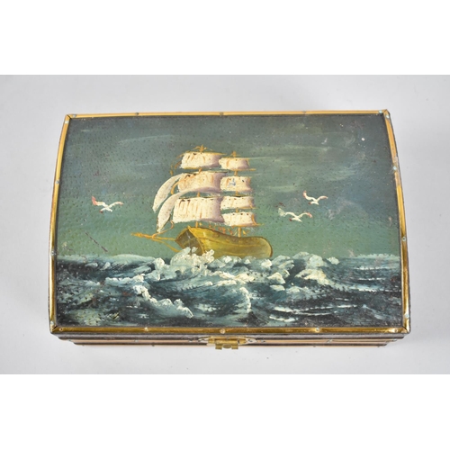 107 - A Mid 20th Century Dome Top Lacquered Box with Painted Hinged Lid Depicting Tall Ship at Sea Contain... 