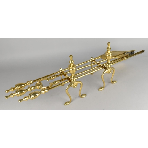 123 - A Set of Three Long Handled Brass Fire Irons with Pair of Fire Dogs, Poker 72cms Long