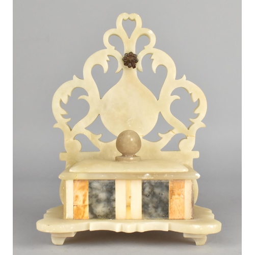 17 - A Marble and Onyx Pocket Watch Stand with Box Base and Pierced Back Plate, 17cms High