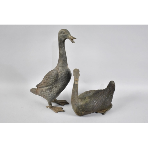 30 - Two Chinese Verdigris Patinated Bronze Ducks, Each with Neck Raised and Beak Open, Tallest 25cms Hig... 