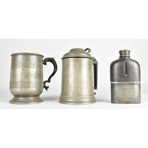 43 - A 19th Century Pewter Tankard with Hinged Lid together with a Pewter Tankard Monogrammed MI and a Hi... 