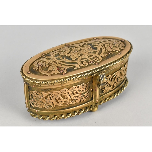 44 - A Pretty Mid Victorian French Oval Casket in Brass and Leather with Pierced Body and Hinged Lid and ... 