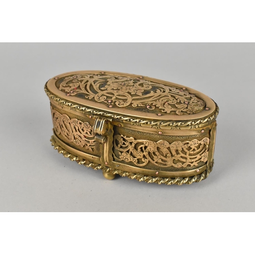 44 - A Pretty Mid Victorian French Oval Casket in Brass and Leather with Pierced Body and Hinged Lid and ... 