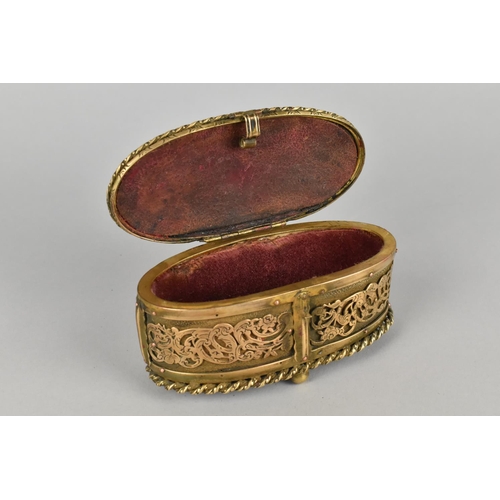 44 - A Pretty Mid Victorian French Oval Casket in Brass and Leather with Pierced Body and Hinged Lid and ... 