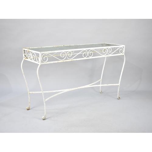 483 - A White Painted Wrought Iron Rectangular Conservatory Side Table with Glass Top, 107x61cm high