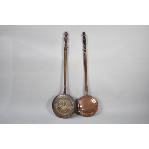 486 - Two 19th Century Copper Bed Warming Pans with Turned Wooden Handles, the One with Portrait Decoratio... 