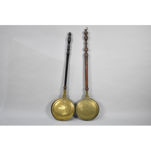 488 - Two 19th Century Brass Bed Warming Pans with Turned Wooden Handles, the One with Portrait Decoration