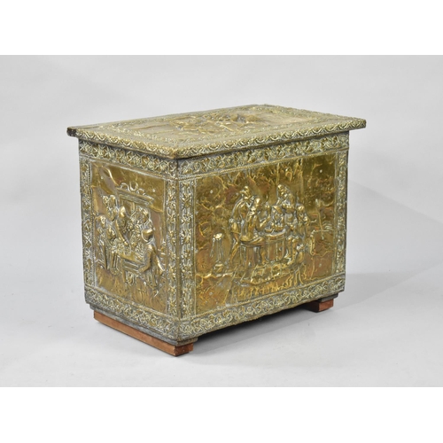 498 - A Mid 20th Century Pressed Brass Slipper Box, Hinged Lid Decorated in Relief with Tavern Scenes