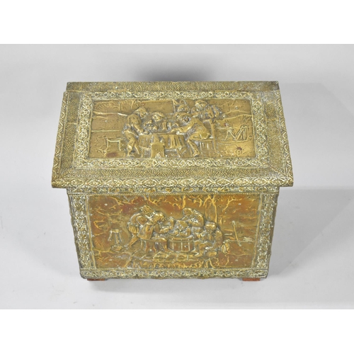 498 - A Mid 20th Century Pressed Brass Slipper Box, Hinged Lid Decorated in Relief with Tavern Scenes