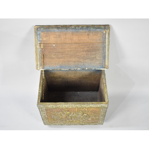 498 - A Mid 20th Century Pressed Brass Slipper Box, Hinged Lid Decorated in Relief with Tavern Scenes