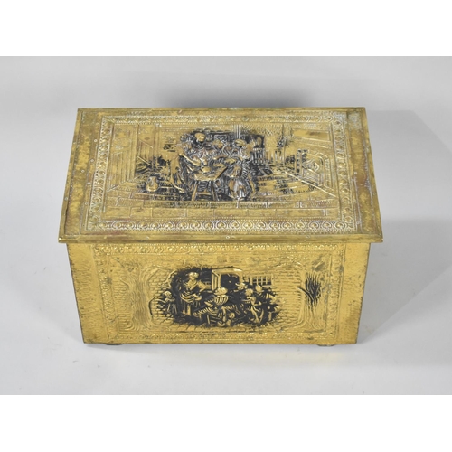 505 - A Vintage Pressed Brass Wooden Lined Slipper Box, Decorated with Interior and tavern Scenes, 53cms W... 