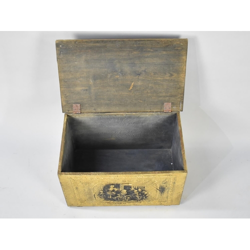 505 - A Vintage Pressed Brass Wooden Lined Slipper Box, Decorated with Interior and tavern Scenes, 53cms W... 