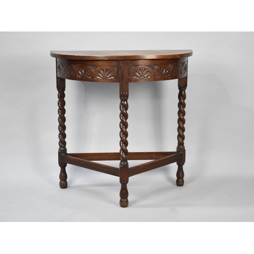 520 - An Edwardian Oak Demilune Console Style Table with Barley Twist Supports, 77cms Wide