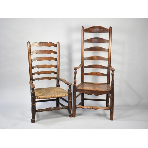 528 - A 19th Century Ash High Ladder Back Armchair together with a Rush Seated 19th Century Ladder Back Ar... 